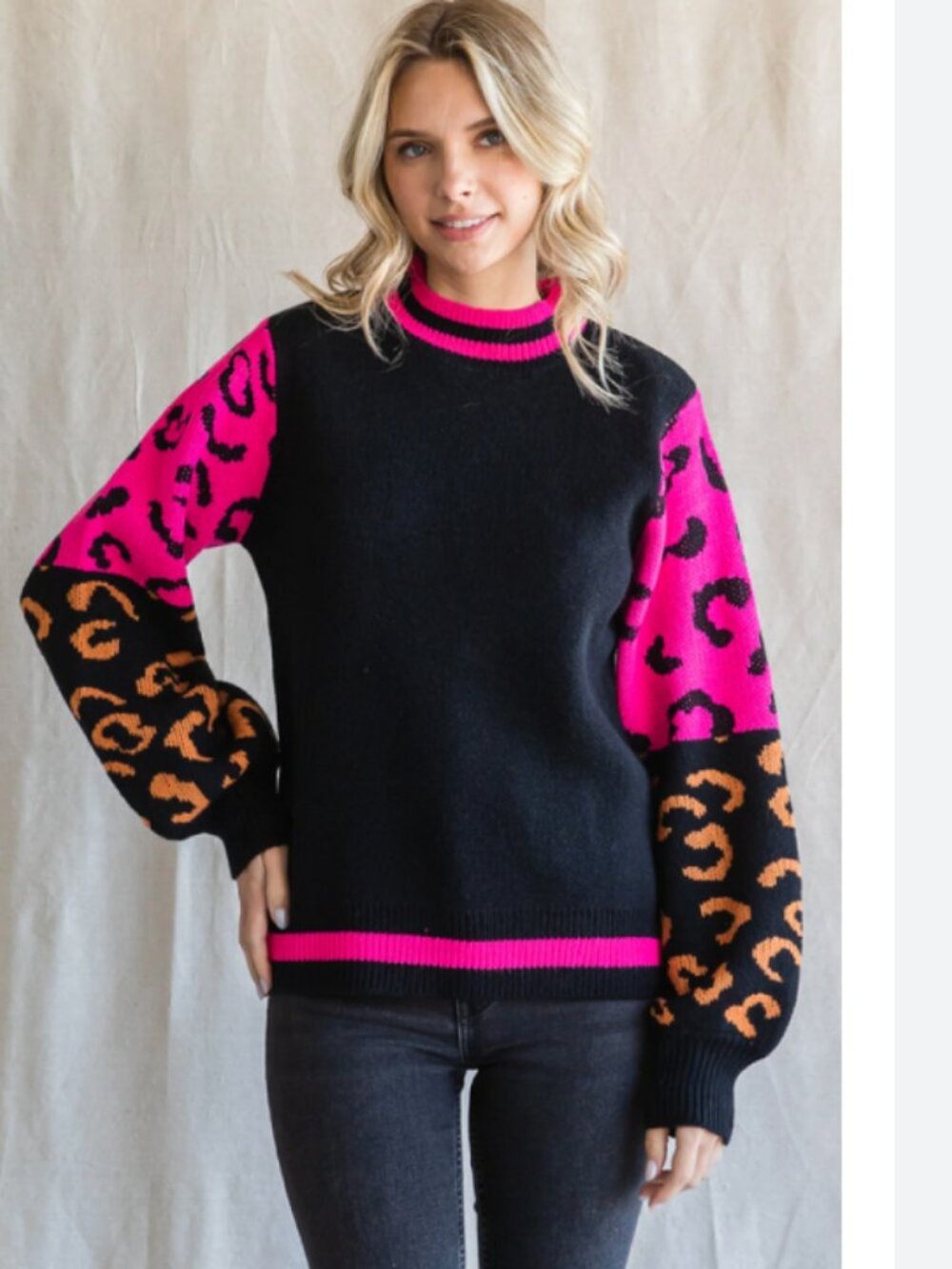 Karlie Black &‎ Hot Pink Leopard Print Crewneck Sweater M